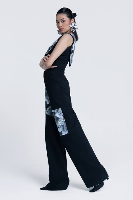 Pocketful Of Cherrie Black Twill, Polyester Sumi Gazette Printed Trouser at Aza Fashions Pocketful Of Cherrie_Black Twill, Polyester Sumi Gazette Printed Trouser _at_Aza_Fashions