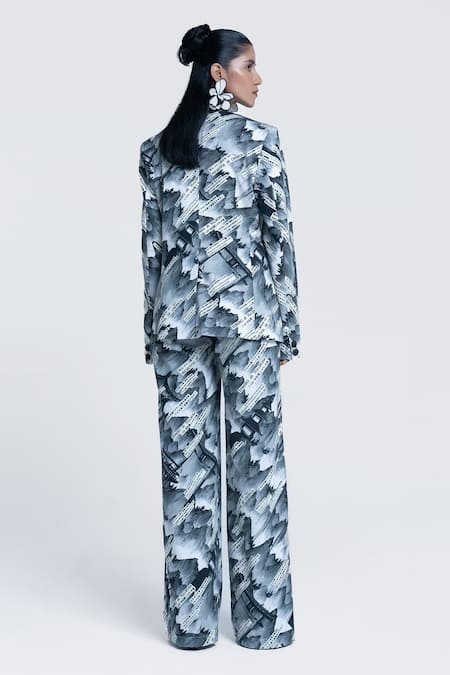 Shop Pocketful Of Cherrie Grey Twill, Satin Sumi Gazette Printed Blazer at Aza Fashions Shop_Pocketful Of Cherrie_Grey Twill, Satin Sumi Gazette Printed Blazer _at_Aza_Fashions
