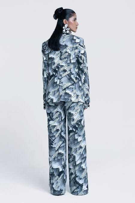 Shop Pocketful Of Cherrie Grey Twill Sumi Gazette Printed Straight Trouser at Aza Fashions Shop_Pocketful Of Cherrie_Grey Twill Sumi Gazette Printed Straight Trouser _at_Aza_Fashions