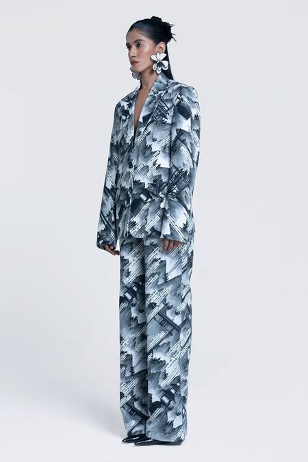 Shop Pocketful Of Cherrie Grey Twill Sumi Gazette Printed Straight Trouser Online at Aza Fashions Shop_Pocketful Of Cherrie_Grey Twill Sumi Gazette Printed Straight Trouser _Online_at_Aza_Fashions