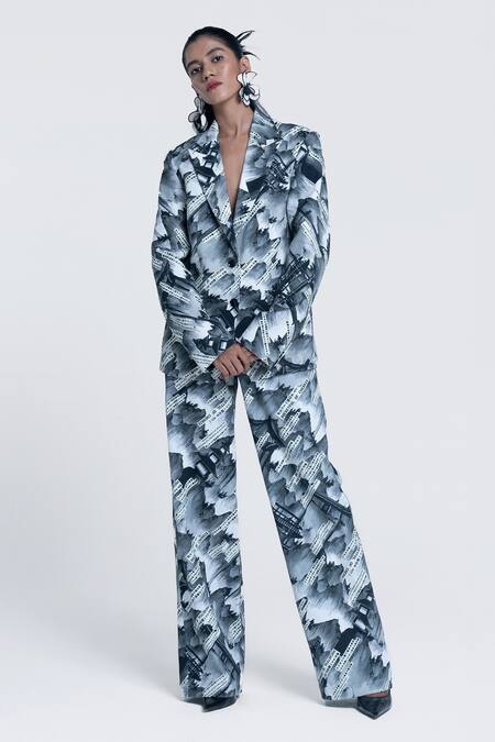 Pocketful Of Cherrie Grey Twill Sumi Gazette Printed Straight Trouser at Aza Fashions Pocketful Of Cherrie_Grey Twill Sumi Gazette Printed Straight Trouser _at_Aza_Fashions