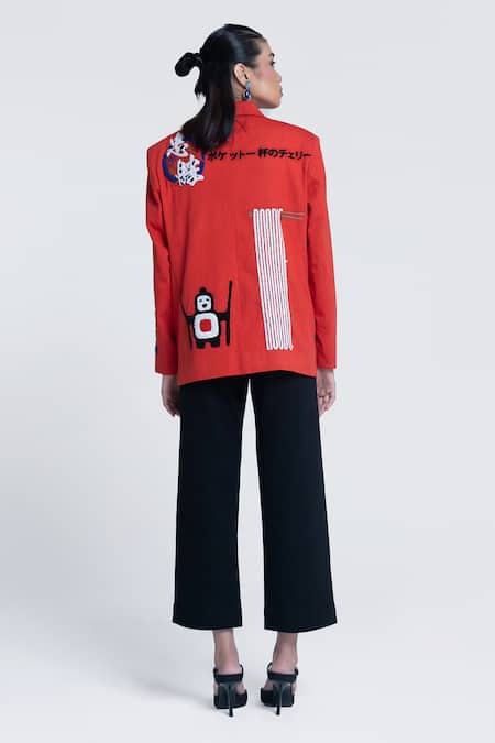 Shop Pocketful Of Cherrie Orange Twill, Cotton Embroidery, Sunburst Apricot Double Breasted Blazer at Aza Fashions Shop_Pocketful Of Cherrie_Orange Twill, Cotton Embroidery, Sunburst Apricot Double Breasted Blazer _at_Aza_Fashions