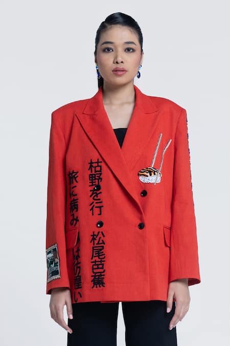 Pocketful Of Cherrie Orange Twill, Cotton Embroidery, Sunburst Apricot Double Breasted Blazer Online at Aza Fashions Pocketful Of Cherrie_Orange Twill, Cotton Embroidery, Sunburst Apricot Double Breasted Blazer _Online_at_Aza_Fashions