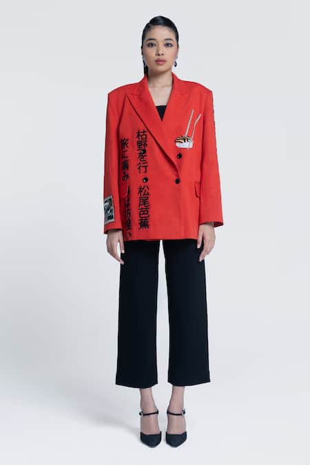 Buy Pocketful Of Cherrie Orange Twill, Cotton Embroidery, Sunburst Apricot Double Breasted Blazer Online at Aza Fashions Buy_Pocketful Of Cherrie_Orange Twill, Cotton Embroidery, Sunburst Apricot Double Breasted Blazer _Online_at_Aza_Fashions