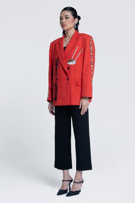 Shop Pocketful Of Cherrie Orange Twill, Cotton Embroidery, Sunburst Apricot Double Breasted Blazer Online at Aza Fashions Shop_Pocketful Of Cherrie_Orange Twill, Cotton Embroidery, Sunburst Apricot Double Breasted Blazer _Online_at_Aza_Fashions