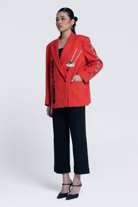 Pocketful Of Cherrie Orange Twill, Cotton Embroidery, Sunburst Apricot Double Breasted Blazer at Aza Fashions Pocketful Of Cherrie_Orange Twill, Cotton Embroidery, Sunburst Apricot Double Breasted Blazer _at_Aza_Fashions