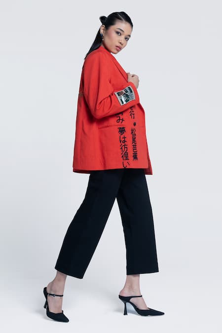 Buy Pocketful Of Cherrie Orange Twill, Cotton Embroidery, Sunburst Apricot Double Breasted Blazer Buy_Pocketful Of Cherrie_Orange Twill, Cotton Embroidery, Sunburst Apricot Double Breasted Blazer