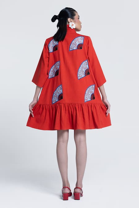 Shop Pocketful Of Cherrie Orange Twill, Cotton Embroidery, Beads High Sunburst Apricot Embellished Dress at Aza Fashions Shop_Pocketful Of Cherrie_Orange Twill, Cotton Embroidery, Beads High Sunburst Apricot Embellished Dress _at_Aza_Fashions