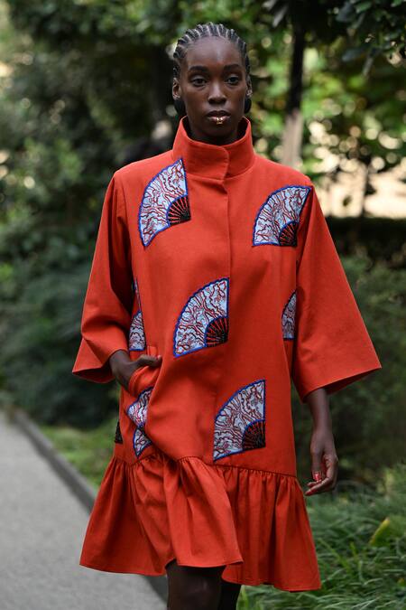 Pocketful Of Cherrie Orange Twill, Cotton Embroidery, Beads High Sunburst Apricot Embellished Dress Online at Aza Fashions Pocketful Of Cherrie_Orange Twill, Cotton Embroidery, Beads High Sunburst Apricot Embellished Dress _Online_at_Aza_Fashions