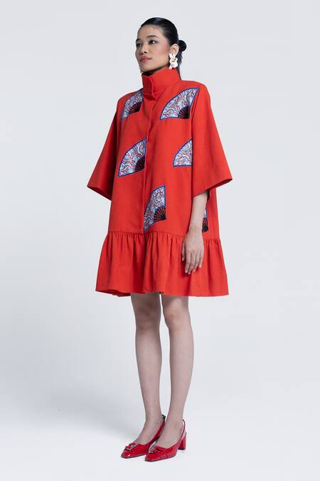 Shop Pocketful Of Cherrie Orange Twill, Cotton Embroidery, Beads High Sunburst Apricot Embellished Dress Online at Aza Fashions Shop_Pocketful Of Cherrie_Orange Twill, Cotton Embroidery, Beads High Sunburst Apricot Embellished Dress _Online_at_Aza_Fashions