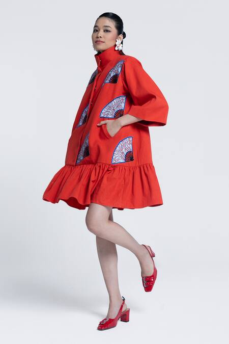 Pocketful Of Cherrie Orange Twill, Cotton Embroidery, Beads High Sunburst Apricot Embellished Dress at Aza Fashions Pocketful Of Cherrie_Orange Twill, Cotton Embroidery, Beads High Sunburst Apricot Embellished Dress _at_Aza_Fashions