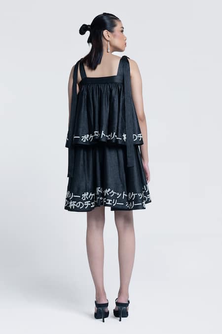 Shop Pocketful Of Cherrie Black Crepe, Satin Square Neck Midnight Sheen Tiered Dress at Aza Fashions Shop_Pocketful Of Cherrie_Black Crepe, Satin Square Neck Midnight Sheen Tiered Dress _at_Aza_Fashions