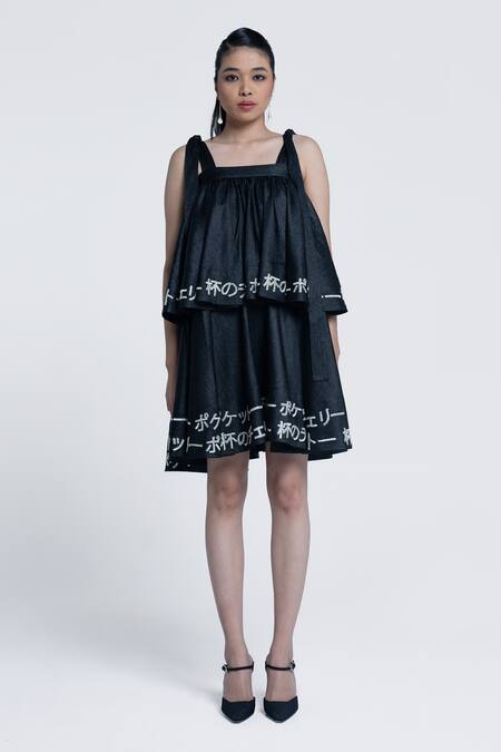 Pocketful Of Cherrie Black Crepe, Satin Square Neck Midnight Sheen Tiered Dress Online at Aza Fashions Pocketful Of Cherrie_Black Crepe, Satin Square Neck Midnight Sheen Tiered Dress _Online_at_Aza_Fashions
