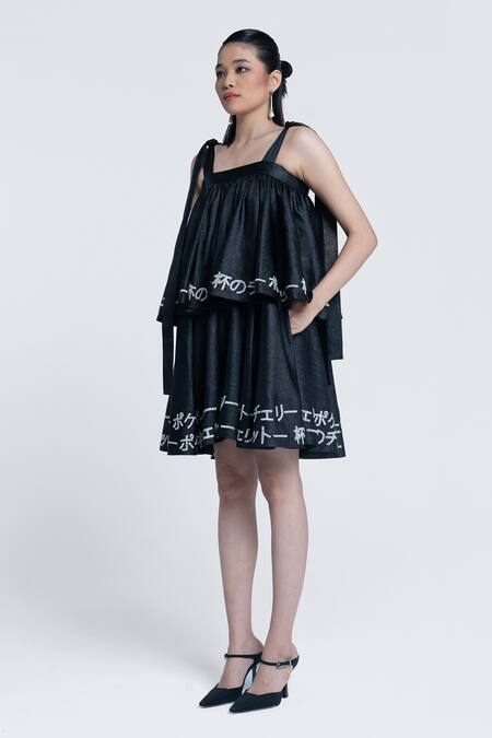Buy Pocketful Of Cherrie Black Crepe, Satin Square Neck Midnight Sheen Tiered Dress Online at Aza Fashions Buy_Pocketful Of Cherrie_Black Crepe, Satin Square Neck Midnight Sheen Tiered Dress _Online_at_Aza_Fashions