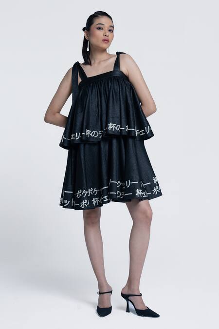 Shop Pocketful Of Cherrie Black Crepe, Satin Square Neck Midnight Sheen Tiered Dress Online at Aza Fashions Shop_Pocketful Of Cherrie_Black Crepe, Satin Square Neck Midnight Sheen Tiered Dress _Online_at_Aza_Fashions