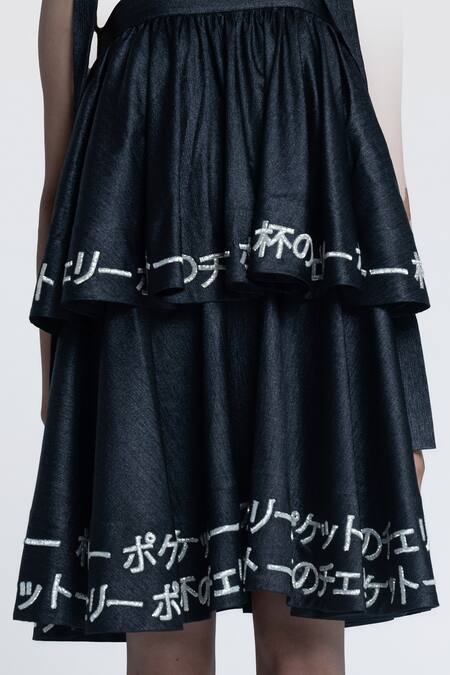 Pocketful Of Cherrie Black Crepe, Satin Square Neck Midnight Sheen Tiered Dress at Aza Fashions Pocketful Of Cherrie_Black Crepe, Satin Square Neck Midnight Sheen Tiered Dress _at_Aza_Fashions