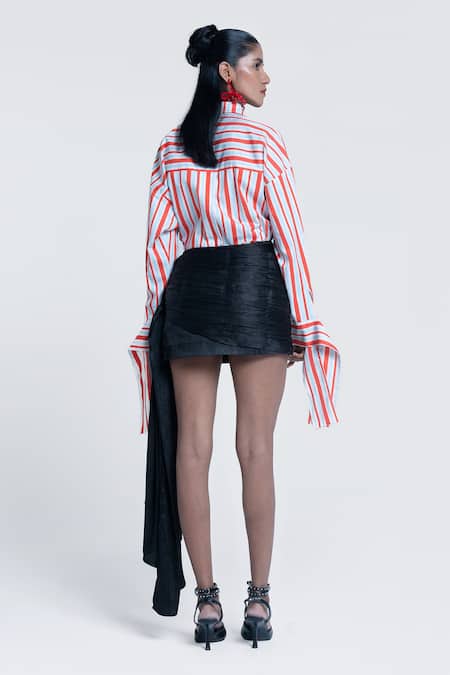 Shop Pocketful Of Cherrie Black Crepe, Satin Embroidery Pleated Draped Short Skirt at Aza Fashions Shop_Pocketful Of Cherrie_Black Crepe, Satin Embroidery Pleated Draped Short Skirt _at_Aza_Fashions
