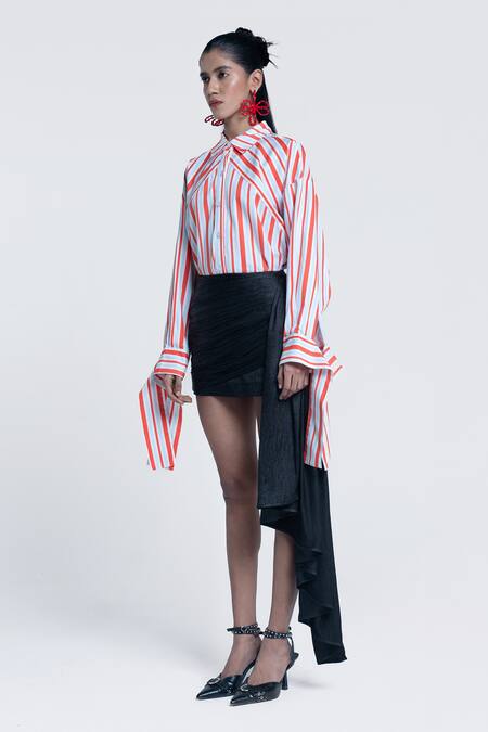 Pocketful Of Cherrie Black Crepe, Satin Embroidery Pleated Draped Short Skirt Online at Aza Fashions Pocketful Of Cherrie_Black Crepe, Satin Embroidery Pleated Draped Short Skirt _Online_at_Aza_Fashions