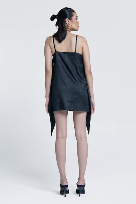 Shop Pocketful Of Cherrie Black Crepe, Lurex, Satin Square Neck Midnight Sheen Spaghetti Strap Dress at Aza Fashions Shop_Pocketful Of Cherrie_Black Crepe, Lurex, Satin Square Neck Midnight Sheen Spaghetti Strap Dress _at_Aza_Fashions