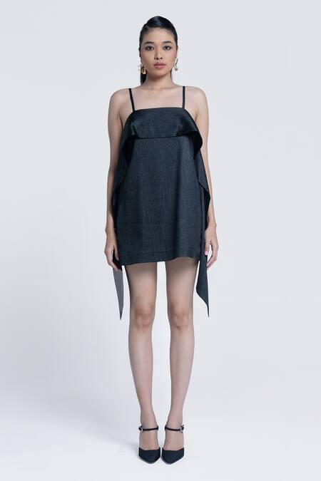 Pocketful Of Cherrie Black Crepe, Lurex, Satin Square Neck Midnight Sheen Spaghetti Strap Dress Online at Aza Fashions Pocketful Of Cherrie_Black Crepe, Lurex, Satin Square Neck Midnight Sheen Spaghetti Strap Dress _Online_at_Aza_Fashions