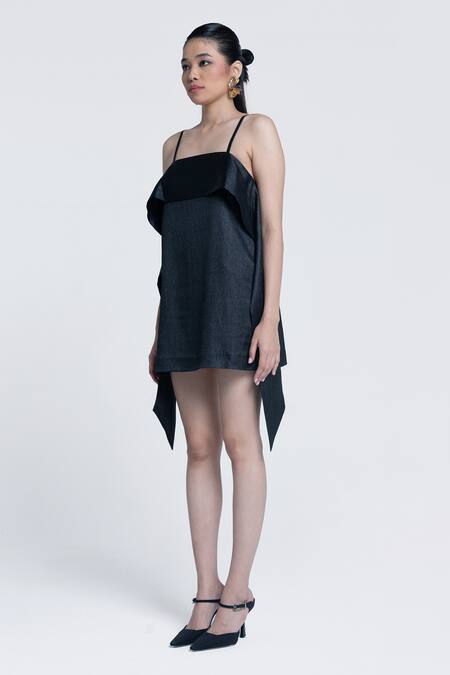 Buy Pocketful Of Cherrie Black Crepe, Lurex, Satin Square Neck Midnight Sheen Spaghetti Strap Dress Online at Aza Fashions Buy_Pocketful Of Cherrie_Black Crepe, Lurex, Satin Square Neck Midnight Sheen Spaghetti Strap Dress _Online_at_Aza_Fashions