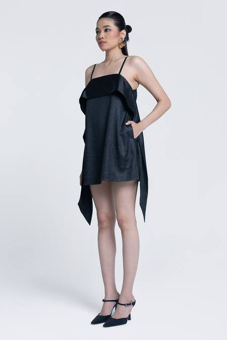 Shop Pocketful Of Cherrie Black Crepe, Lurex, Satin Square Neck Midnight Sheen Spaghetti Strap Dress Online at Aza Fashions Shop_Pocketful Of Cherrie_Black Crepe, Lurex, Satin Square Neck Midnight Sheen Spaghetti Strap Dress _Online_at_Aza_Fashions