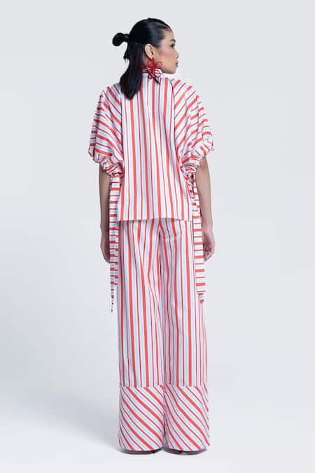 Shop Pocketful Of Cherrie Orange Twill, Poplin Collared Sunset Stripe Printed Shirt at Aza Fashions Shop_Pocketful Of Cherrie_Orange Twill, Poplin Collared Sunset Stripe Printed Shirt _at_Aza_Fashions