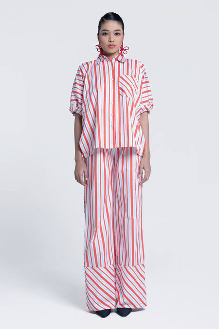 Pocketful Of Cherrie Orange Twill, Poplin Collared Sunset Stripe Printed Shirt Online at Aza Fashions Pocketful Of Cherrie_Orange Twill, Poplin Collared Sunset Stripe Printed Shirt _Online_at_Aza_Fashions