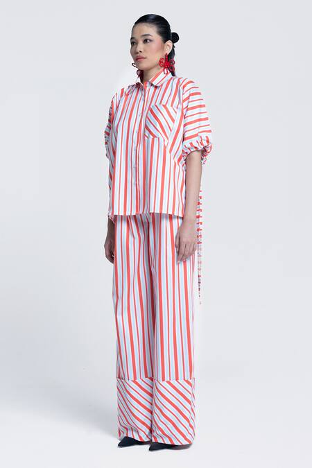 Shop Pocketful Of Cherrie Orange Twill, Poplin Collared Sunset Stripe Printed Shirt Online at Aza Fashions Shop_Pocketful Of Cherrie_Orange Twill, Poplin Collared Sunset Stripe Printed Shirt _Online_at_Aza_Fashions