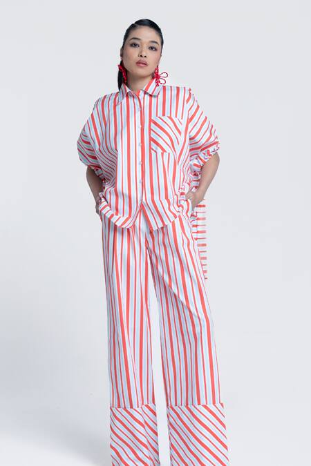 Pocketful Of Cherrie Orange Twill, Poplin Collared Sunset Stripe Printed Shirt at Aza Fashions Pocketful Of Cherrie_Orange Twill, Poplin Collared Sunset Stripe Printed Shirt _at_Aza_Fashions