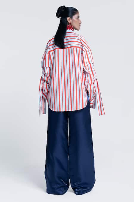 Shop_Pocketful Of Cherrie_Orange Twill, Poplin Collared Sunset Tie Up Sleeve Shirt _at_Aza_Fashions