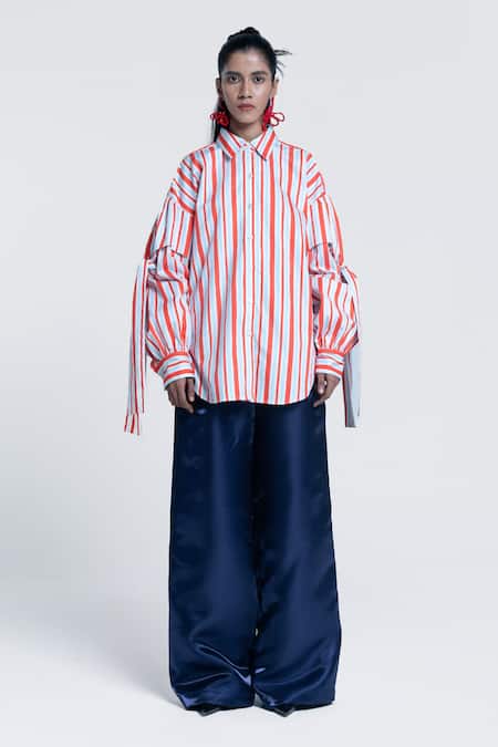 Pocketful Of Cherrie_Orange Twill, Poplin Collared Sunset Tie Up Sleeve Shirt _Online_at_Aza_Fashions