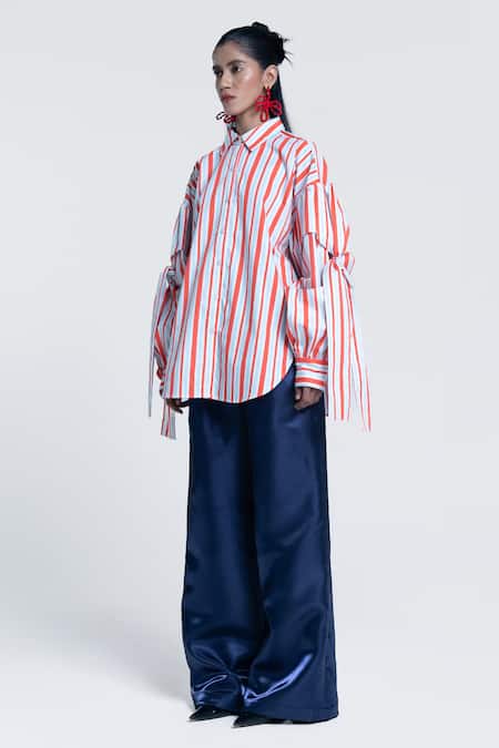 Buy_Pocketful Of Cherrie_Orange Twill, Poplin Collared Sunset Tie Up Sleeve Shirt _Online_at_Aza_Fashions