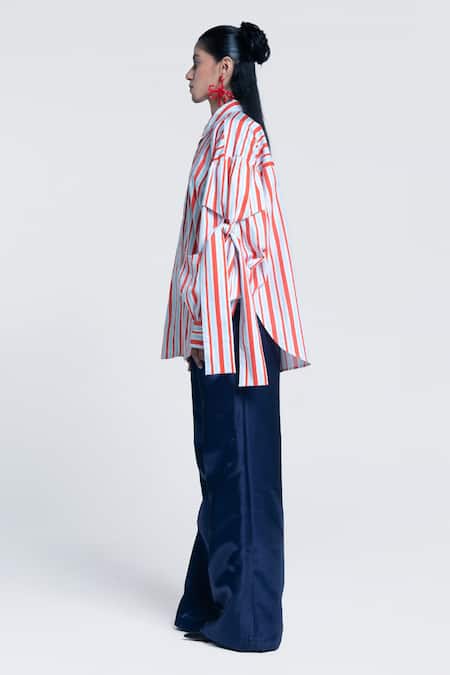 Shop_Pocketful Of Cherrie_Orange Twill, Poplin Collared Sunset Tie Up Sleeve Shirt _Online_at_Aza_Fashions