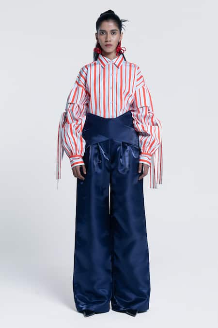 Pocketful Of Cherrie_Orange Twill, Poplin Collared Sunset Tie Up Sleeve Shirt _at_Aza_Fashions