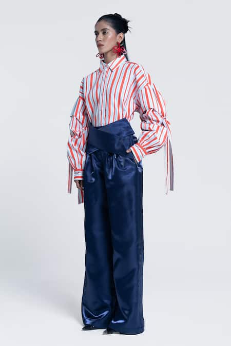 Buy_Pocketful Of Cherrie_Orange Twill, Poplin Collared Sunset Tie Up Sleeve Shirt 