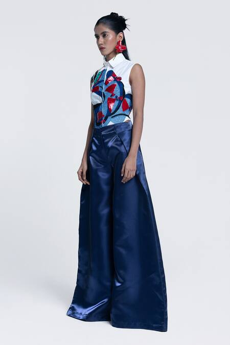 Shop Pocketful Of Cherrie Blue Twill Mirage Solid Wide Leg Trouser at Aza Fashions Shop_Pocketful Of Cherrie_Blue Twill Mirage Solid Wide Leg Trouser _at_Aza_Fashions