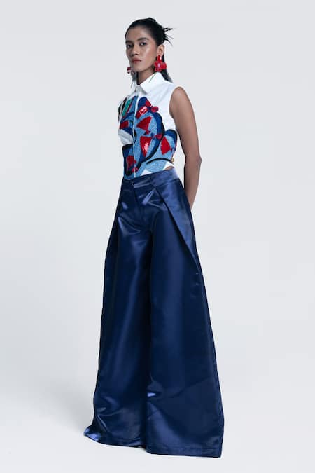 Pocketful Of Cherrie Blue Twill Mirage Solid Wide Leg Trouser Online at Aza Fashions Pocketful Of Cherrie_Blue Twill Mirage Solid Wide Leg Trouser _Online_at_Aza_Fashions