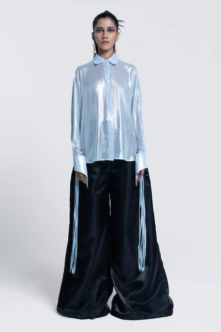 Pocketful Of Cherrie Blue Foil Chiffon Solid Collared Glacial Glow Shirt 