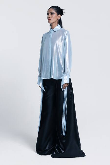 Pocketful Of Cherrie Blue Polyester, Chiffon Collared Glacial Glow Solid Shirt Online at Aza Fashions Pocketful Of Cherrie_Blue Polyester, Chiffon Collared Glacial Glow Solid Shirt _Online_at_Aza_Fashions