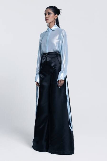 Shop Pocketful Of Cherrie Blue Polyester, Chiffon Collared Glacial Glow Solid Shirt Online at Aza Fashions Shop_Pocketful Of Cherrie_Blue Polyester, Chiffon Collared Glacial Glow Solid Shirt _Online_at_Aza_Fashions