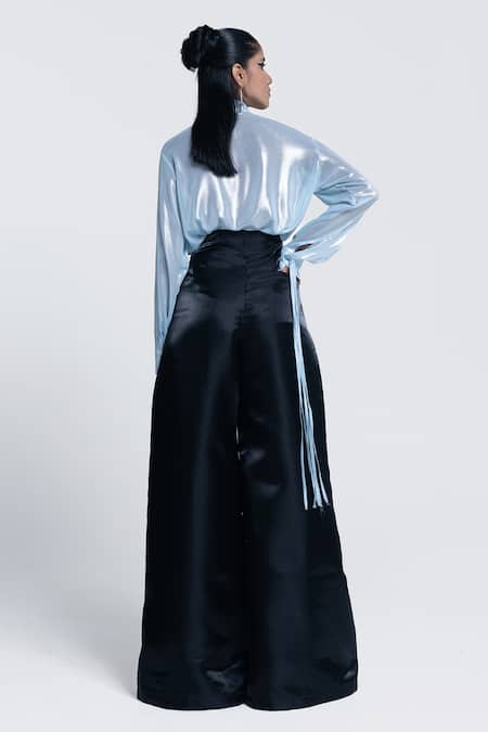 Pocketful Of Cherrie Blue Polyester, Chiffon Collared Glacial Glow Solid Shirt at Aza Fashions Pocketful Of Cherrie_Blue Polyester, Chiffon Collared Glacial Glow Solid Shirt _at_Aza_Fashions