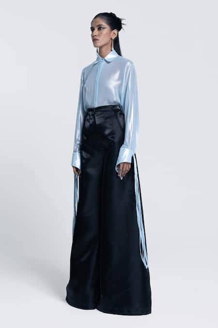 Shop Pocketful Of Cherrie Black Polyester, Twill Mirage Wide Leg Solid Trouser Online at Aza Fashions Shop_Pocketful Of Cherrie_Black Polyester, Twill Mirage Wide Leg Solid Trouser _Online_at_Aza_Fashions