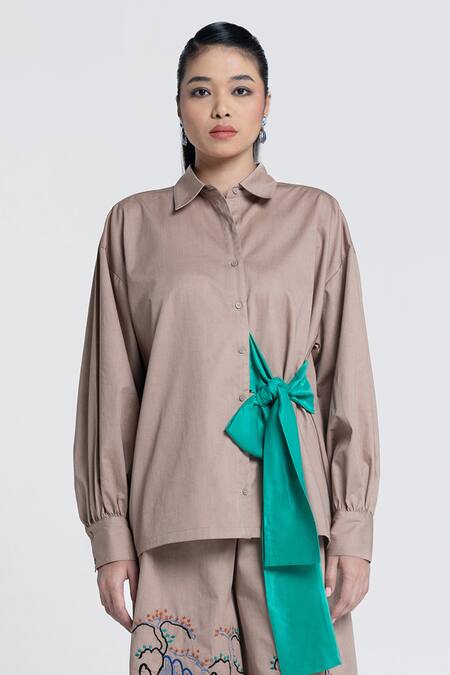 Buy Pocketful Of Cherrie Beige Viscose, Satin, Twill, Poplin Collared Temple Bloom Tie Up Shirt Online at Aza Fashions Buy_Pocketful Of Cherrie_Beige Viscose, Satin, Twill, Poplin Collared Temple Bloom Tie Up Shirt _Online_at_Aza_Fashions