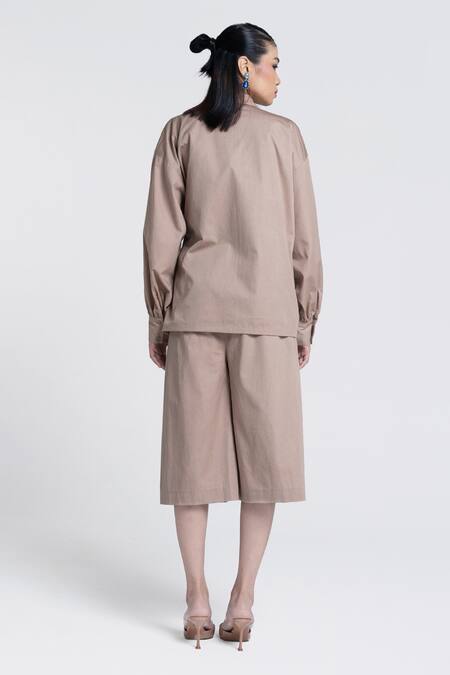 Shop Pocketful Of Cherrie Beige Twill Embroidery Temple Bloom Culotte at Aza Fashions Shop_Pocketful Of Cherrie_Beige Twill Embroidery Temple Bloom Culotte _at_Aza_Fashions