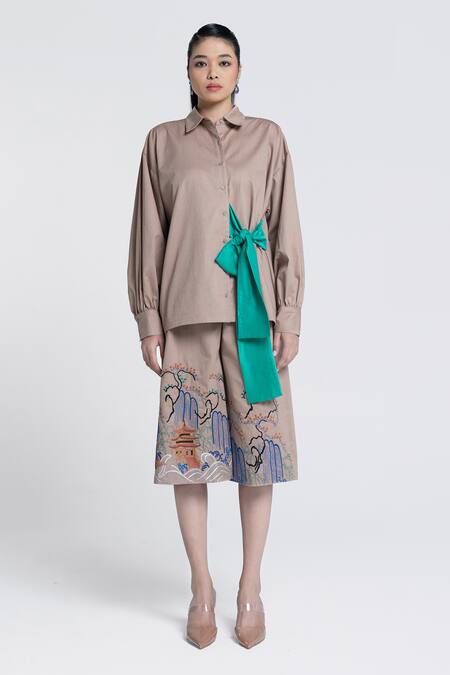 Pocketful Of Cherrie Beige Twill Embroidery Temple Bloom Culotte Online at Aza Fashions Pocketful Of Cherrie_Beige Twill Embroidery Temple Bloom Culotte _Online_at_Aza_Fashions