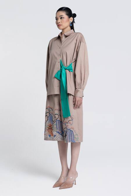 Buy Pocketful Of Cherrie Beige Twill Embroidery Temple Bloom Culotte Online at Aza Fashions Buy_Pocketful Of Cherrie_Beige Twill Embroidery Temple Bloom Culotte _Online_at_Aza_Fashions