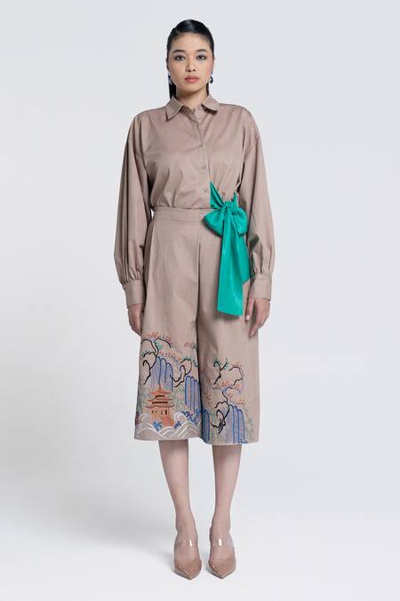 Shop Pocketful Of Cherrie Beige Twill Embroidery Temple Bloom Culotte Online at Aza Fashions Shop_Pocketful Of Cherrie_Beige Twill Embroidery Temple Bloom Culotte _Online_at_Aza_Fashions