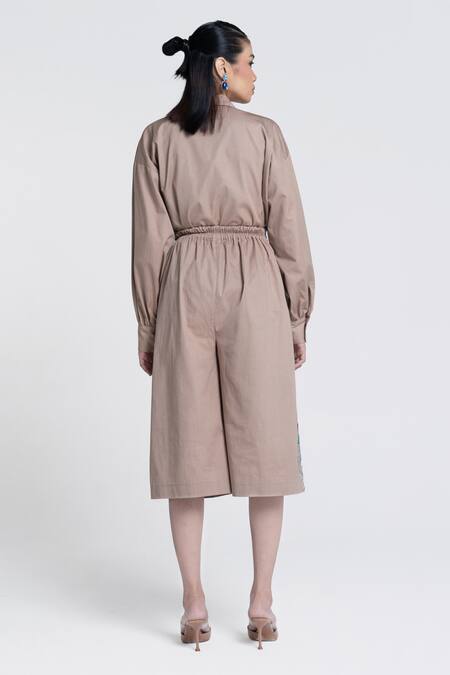 Buy Pocketful Of Cherrie Beige Twill Embroidery Temple Bloom Culotte Buy_Pocketful Of Cherrie_Beige Twill Embroidery Temple Bloom Culotte