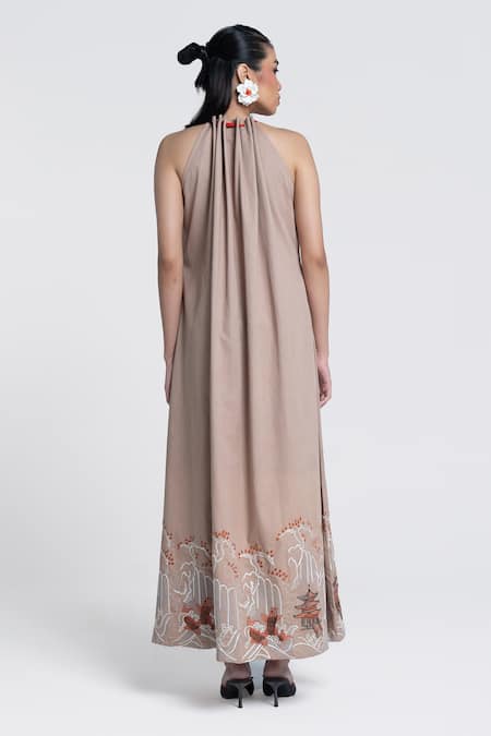 Shop Pocketful Of Cherrie Beige Viscose, Satin, Twill, Poplin Embroidery Japanese Temple Bloom Maxi Dress at Aza Fashions Shop_Pocketful Of Cherrie_Beige Viscose, Satin, Twill, Poplin Embroidery Japanese Temple Bloom Maxi Dress _at_Aza_Fashions